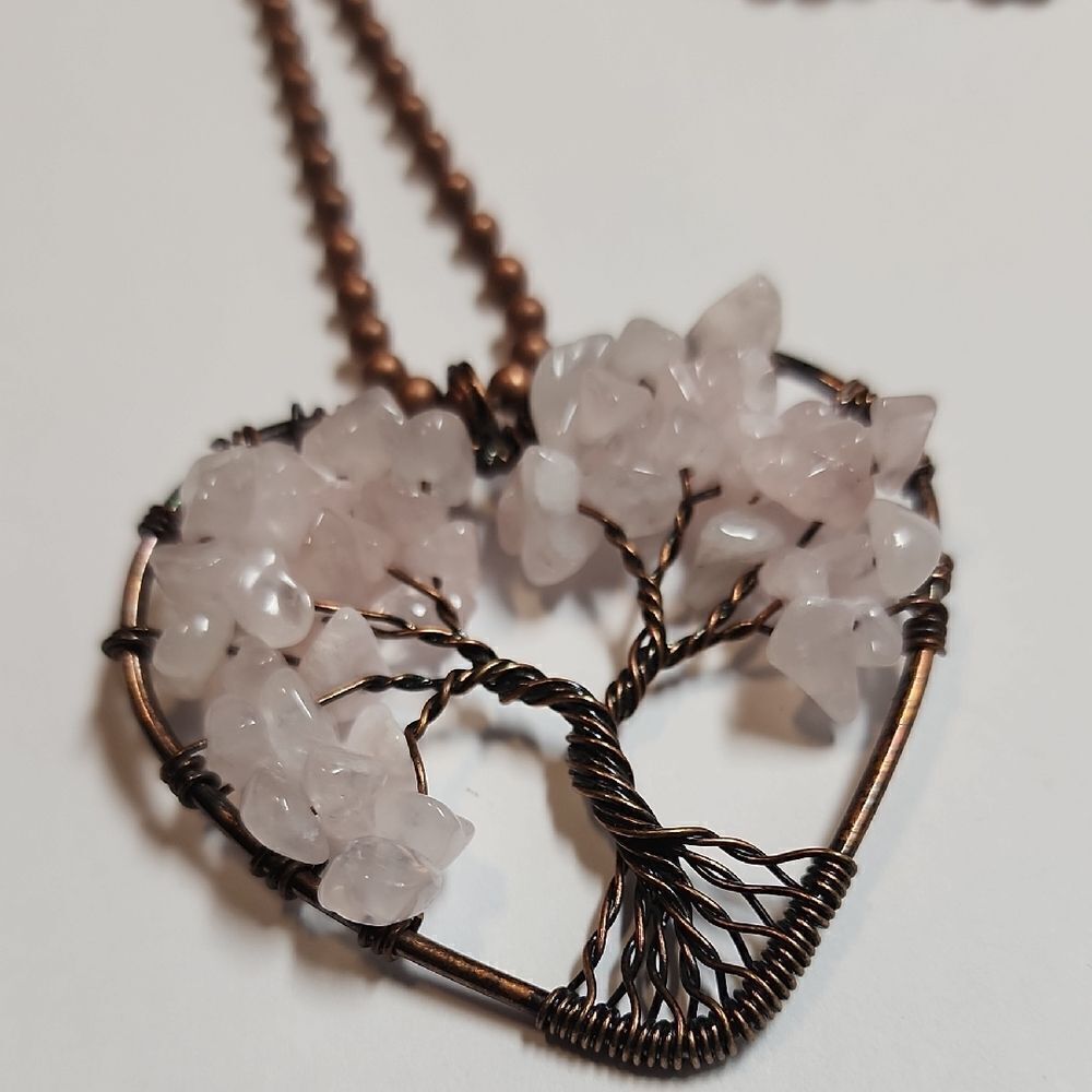 Rose Quartz Heart-Shaped Tree of Life Pendant Necklace